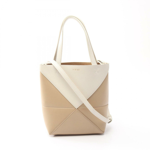 LOEWE Puzzle Fold 迷你肩斜背包，米色皮革，二手女款