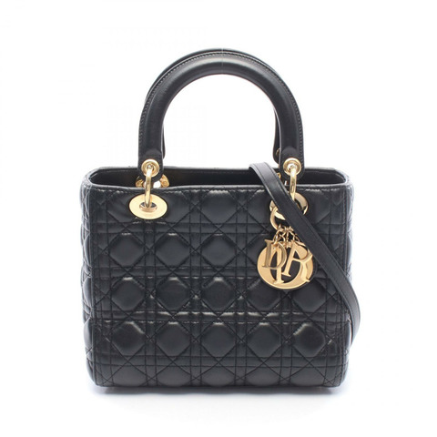 Christian Dior LADY DIOR Cannage 單背包，黑色皮革，金色五金，二手女款