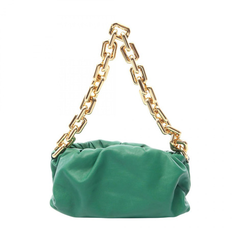 BOTTEGA VENETA 鏈條包單肩手提包，綠色皮革，金色五金，二手女款