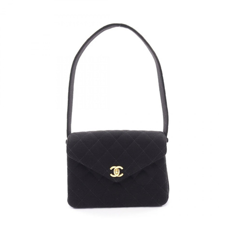 香奈兒 (CHANEL) 絎縫單肩手提包，棉質，黑色，二手，女士，金色五金