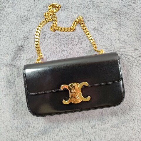 CELINE Claude 飾鏈肩背袋 黑色亮面小牛皮 腋下包