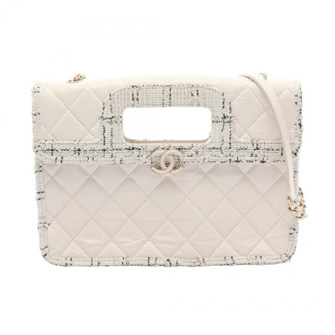 香奈兒 (CHANEL) 絎縫鏈條肩背包，小牛皮材質，白色，金色五金，二手 CC