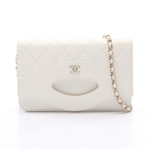 香奈兒 (CHANEL) 絎縫鏈條肩背斜背包 白色皮革 二手 金色五金 CC