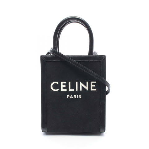 CELINE 迷你垂直帆布皮革斜背單肩手提包 黑色 二手
