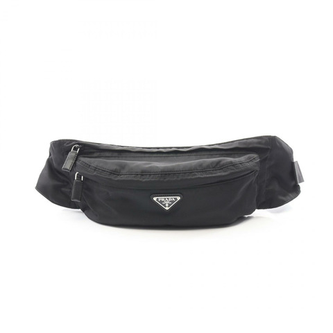 PRADA 三角形 logo 腰帶斜背包 尼龍 Saffiano 皮革 黑色 二手