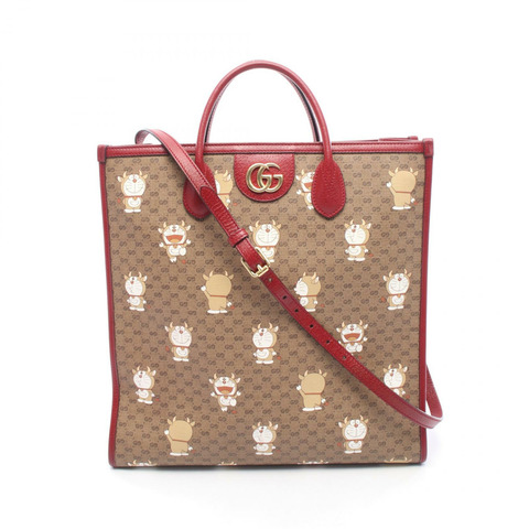 GUCCI哆啦A夢GG Supreme肩背手提包654345帆布皮革棕色紅色二手