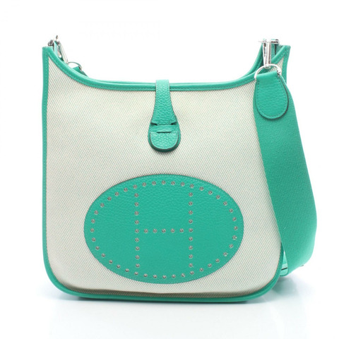 HERMES Evelyne III PM 單肩斜背包帆布皮革米色 Menthe 二手 U