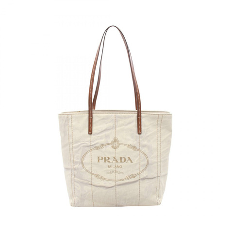 PRADA MISTOLINO+VITEL 托特肩背包 1BG347 帆布皮革 米棕色 二手