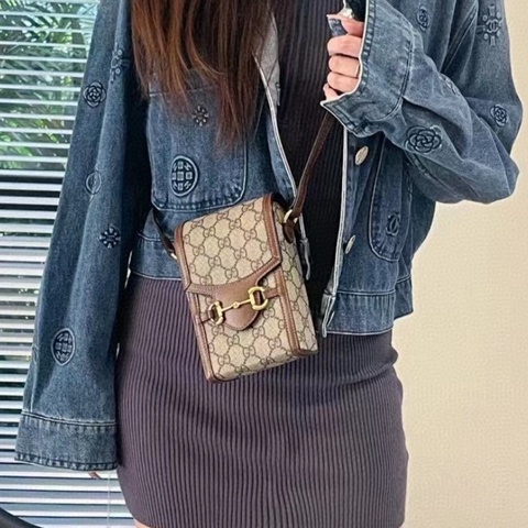 ✨Gucci｜1955馬銜扣棕色老花手機包｜98新