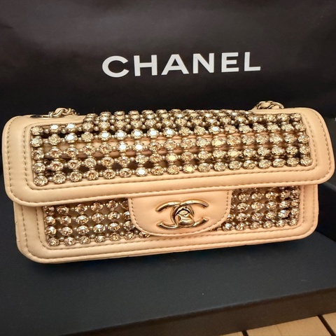 甜價急讓 CHANEL 香奈兒 奶茶色 金色水鑽 FLAPBAG（口蓋包）
