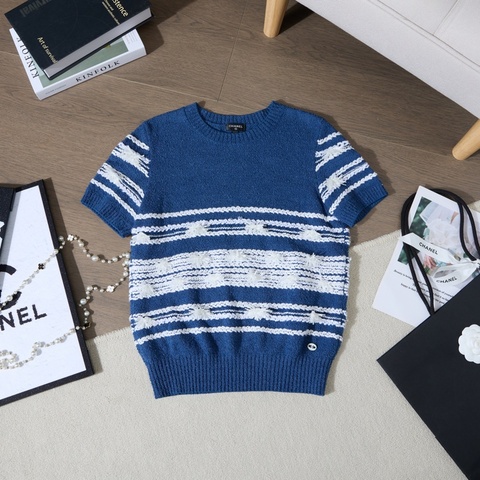 CHANEL 藍白流蘇條紋短袖Top Size36