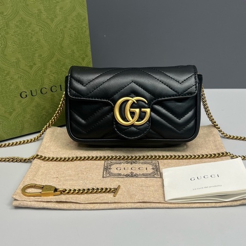 Gucci古馳 黑金全皮marmont馬蒙mini鏈條包