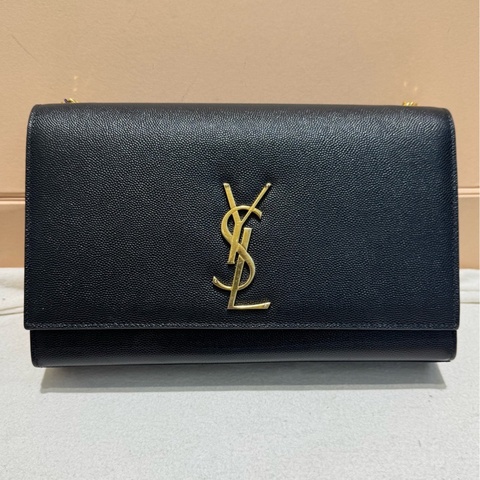 YSL聖羅蘭 Kate中號黑金鍊條包 荔枝紋牛皮 金色logo