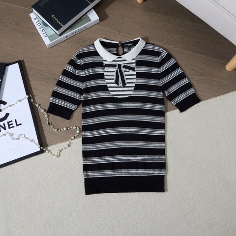 CHANEL 黑白間條娃娃領蝴蝶結短袖Top Size34
