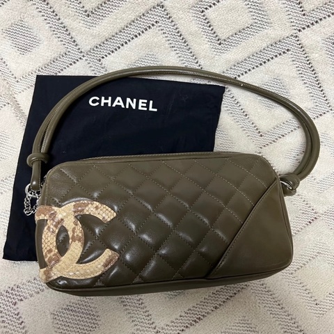 💎Chanel香奈兒｜cambon康鵬腋下麻將包 橄欖綠蛇紋大雙C｜98新有卡✅