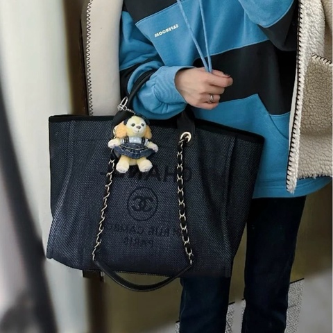 💎Chanel香奈兒｜深牛仔字母帆布沙灘包鏈條tote包｜99新30開局部有膜