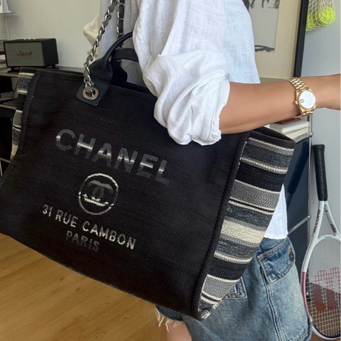 💎Chanel香奈兒｜條紋logo手柄款沙灘包｜98新26開