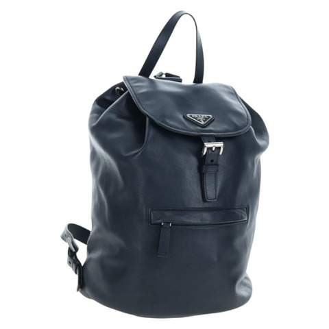 PRADA 背包 皮革 海軍藍 銀色 正品 191791V