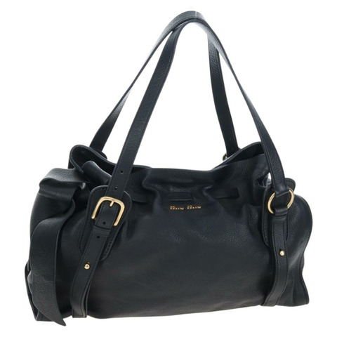 Miu Miu 側邊絲帶托特包 皮革 黑色 金色 RR1312 正品 am12103SAM