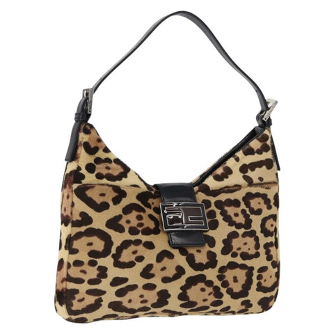 FENDI 豹紋 Mamma Baguette 手袋，Harako 皮革，米色/銀色，正品 am12004SM