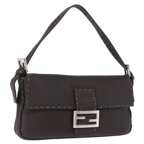 FENDI Selleria Mamma Baguette 包皮革深棕色銀色正品 am12207V