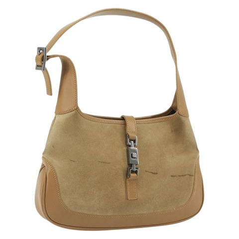 GUCCI Jackie 肩背包 麂皮 米色 銀色 001 3735 正品 193141A