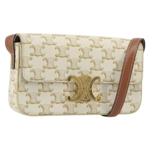 CELINE Triomphe帆布肩背包 PVC 白色金色 正品 192461SAM