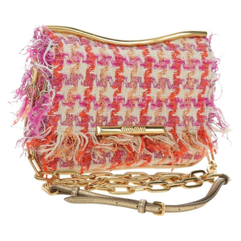 Miu Miu 鏈條單肩包 斜紋軟呢 橘色 金色 正品 195294SAM
