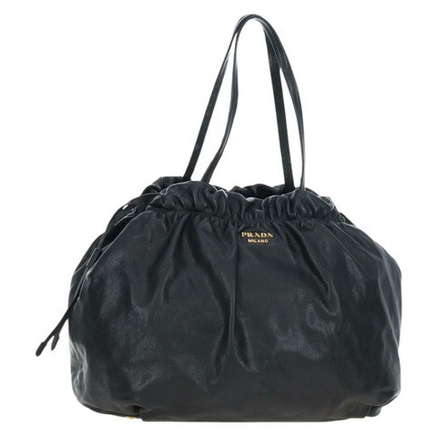 PRADA 側邊絲帶手提包 皮革 黑色 金色 BR4240 正品 am12234V