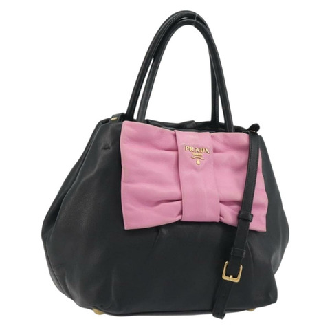 PRADA Ribbon 手提包 皮革 2way 黑色 金色 Auth 193358A