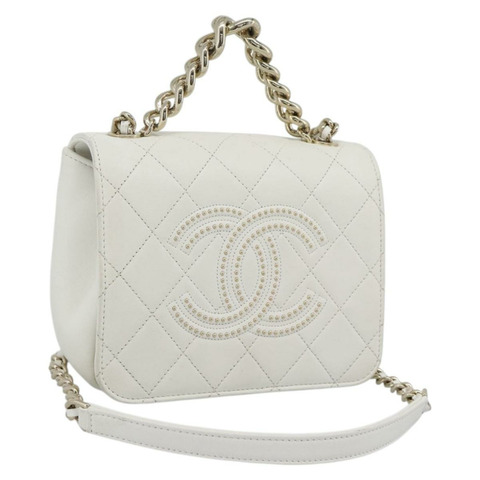 香奈兒 (CHANEL) 絎縫鏈條單肩包，羊皮材質，兩用，白色金色雙C標誌，正品編號 193425SAM