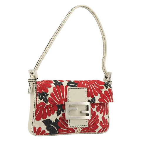 FENDI Mamma Baguette 手袋 帆布 紅色 銀色 正品 195011SM