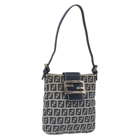 FENDI Zucchino帆布手袋 Mamma Baguette 海軍藍銀色 Auth 193893A