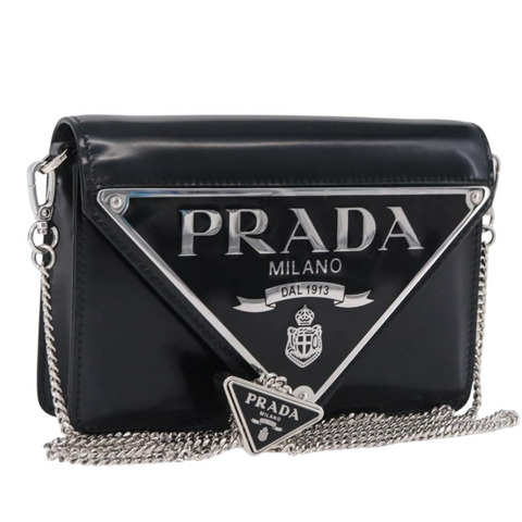 PRADA 鏈條單肩包 漆皮 黑色 銀色 正品 195563SAV