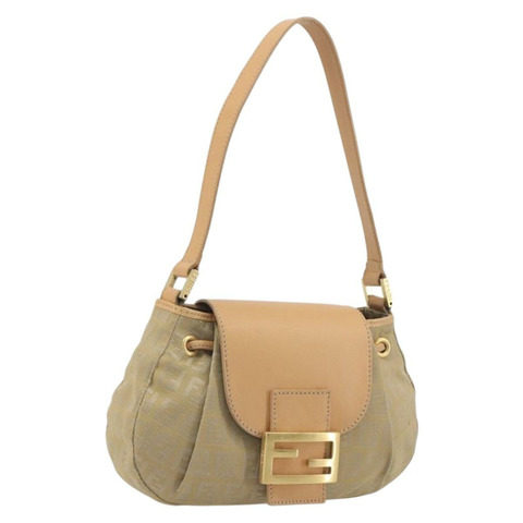 FENDI Zucchino帆布Mamma Baguette單肩包 米色 金色 正品 196156V