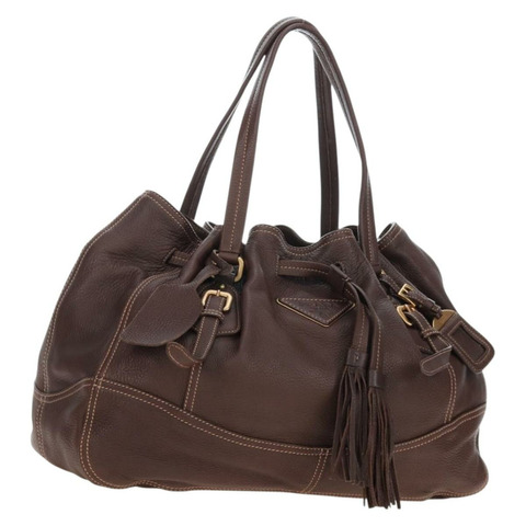 PRADA 棕色金色皮革手提包，正品編號 195768M