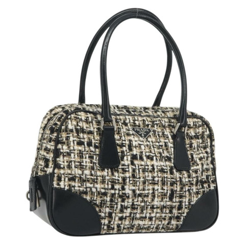 PRADA 波士頓包，斜紋軟呢，黑色銀色，正品，貨號 195598V