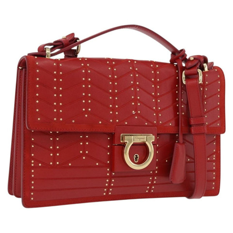 Salvatore Ferragamo Gancini 手提包 皮革 兩用 紅色 金飾 正品 195327A