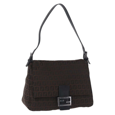 FENDI Zucchino 帆布 Mamma Baguette 單肩包 棕色 銀色 正品 195389V