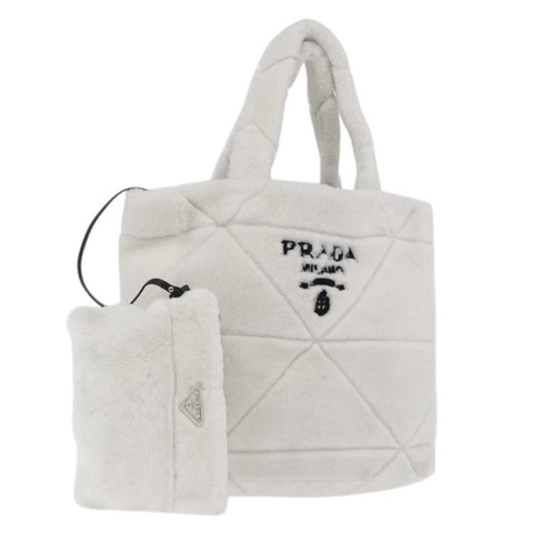PRADA 白色銀色毛絨手提包，正品 197109SAM