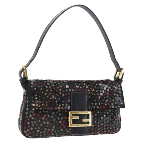 FENDI Mamma Baguette 單肩包，尼龍材質，亮片裝飾，棕色/金色雙肩背法，正品編號 196362SM