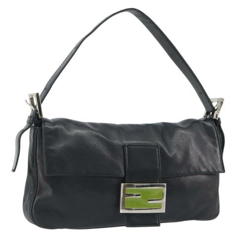 FENDI Mamma Baguette 單肩包，黑色銀色皮革，正品 yk20676SAM