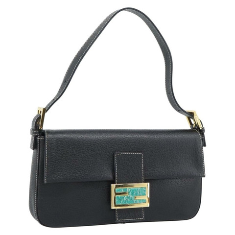 FENDI Mamma Baguette 單肩包，黑色金色皮革，正品 yk20692SM