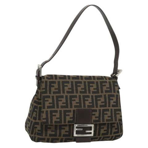 FENDI Zucca帆布Mamma Baguette單肩包 棕色 銀色 正品 BA14590V