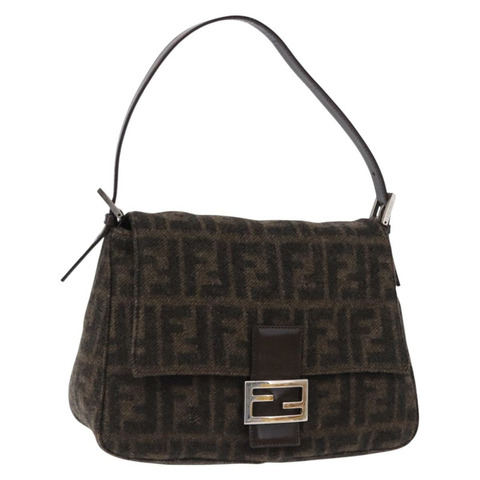 FENDI Zucca Mamma Baguette 單肩包 羊毛 棕色 銀色 正品 BA14700SAV