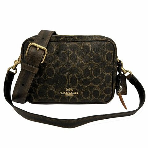 【COACH】新款C LOGO女款斜背雙層相機包(深咖/金)