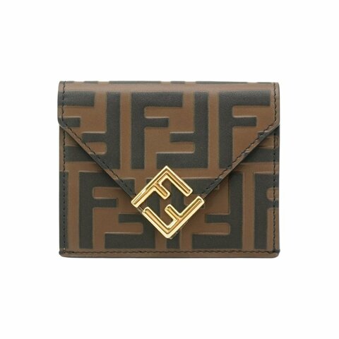 Fendi FF Diamonds Logo 浮雕牛皮金釦三折零錢短夾(8M0480-棕)