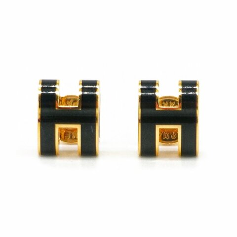 Hermes Pop H 立體簍空橢圓logo耳環-mini(黑/金)