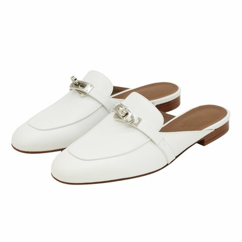 Hermes 展示品 Oz Kelly 銀釦牛皮穆勒鞋#37.5(92白)