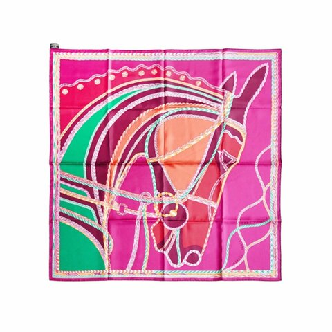 Hermes 展示品 Robe du Soir 晚禮服馬頭圖案絲巾/方巾-90cm(桃紫/綠/覆盆子紅)